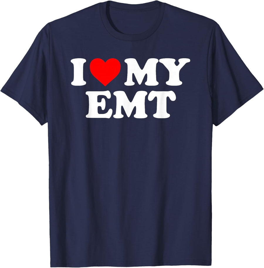 I Love My EMT - Red Heart T-Shirt - Navy Blue