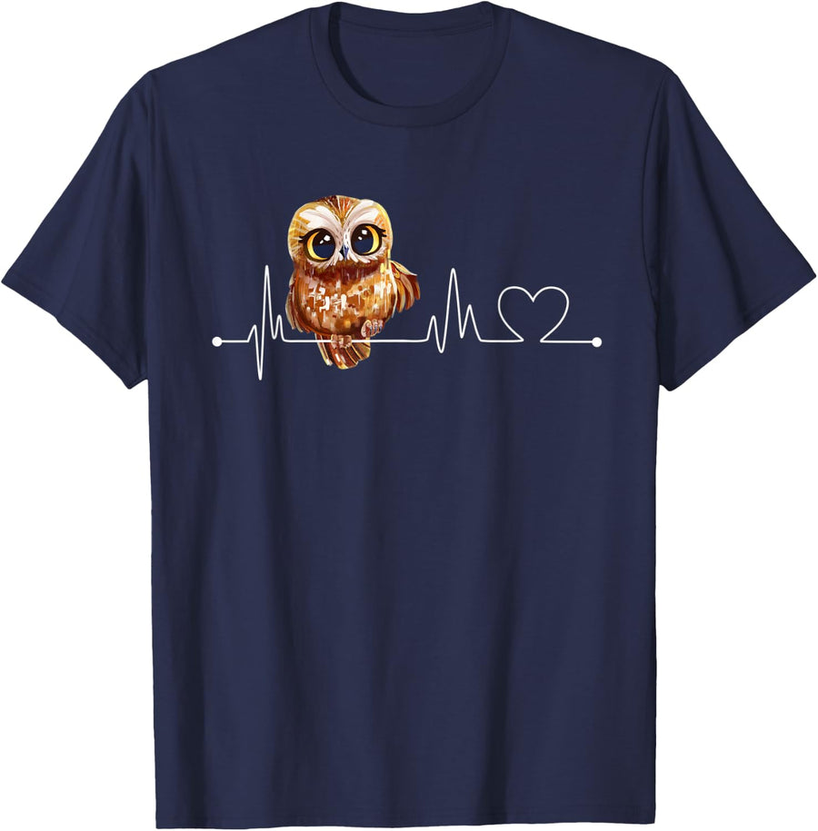 Cute Owl Heartbeat T-Shirt - Navy Blue