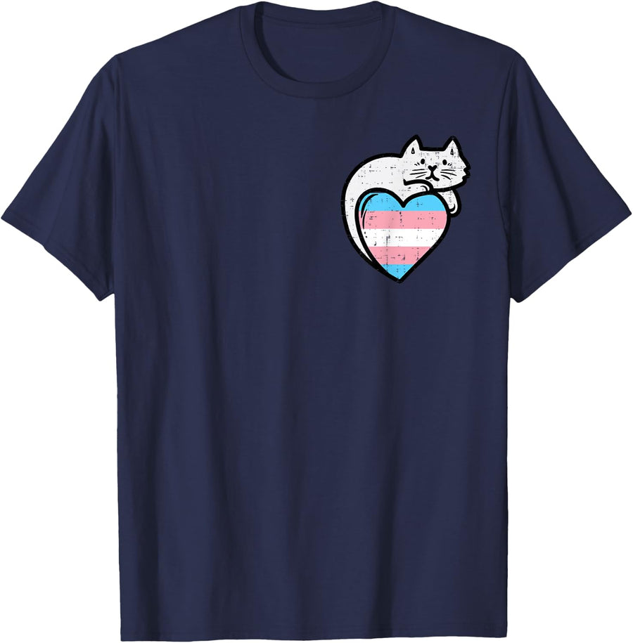 Transgender Heart Cat Pocket Trans Pride Flag Transsexual T-Shirt - Navy Blue