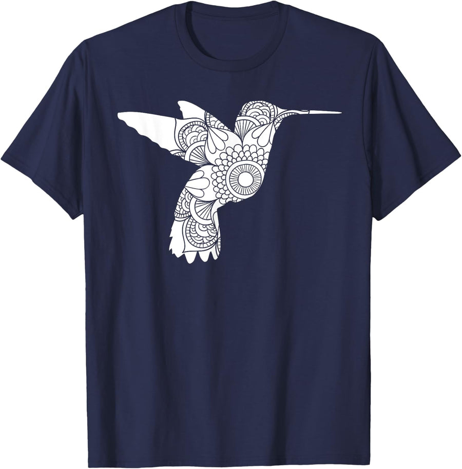 PdkZ Mandala Lotus Hummingbird Art Hummingbird Lover Mom T-Shirt - Navy Blue