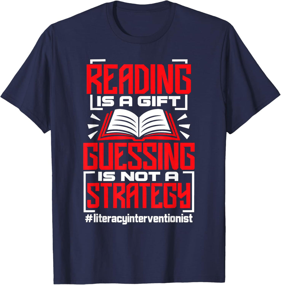 Literacy Interventionist Guessing is Not A Strategy Book T-Shirt - Navy Blue
