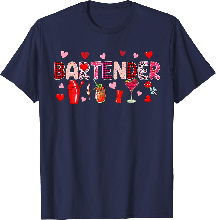 Bartender Tools Valentine's Day Leopard Job Team Cute Hearts T-Shirt - Navy Blue