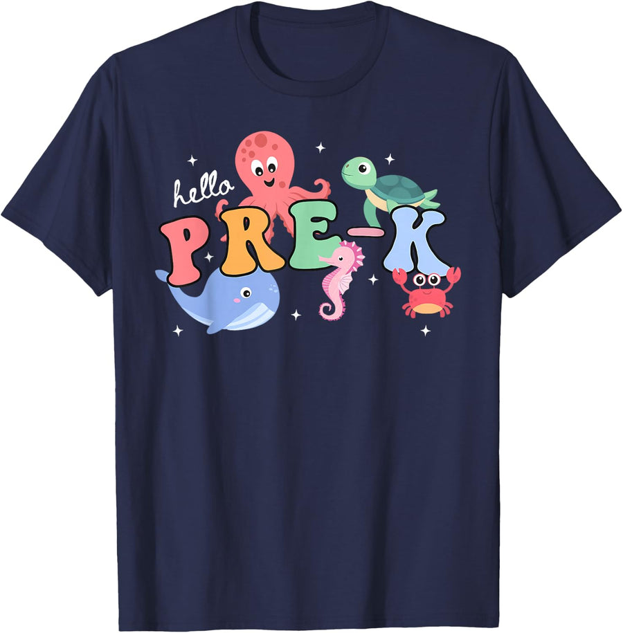Hello Pre-K Teacher Ocean Animal Preschool Back to School Tee T-Shirt - Navy Blue