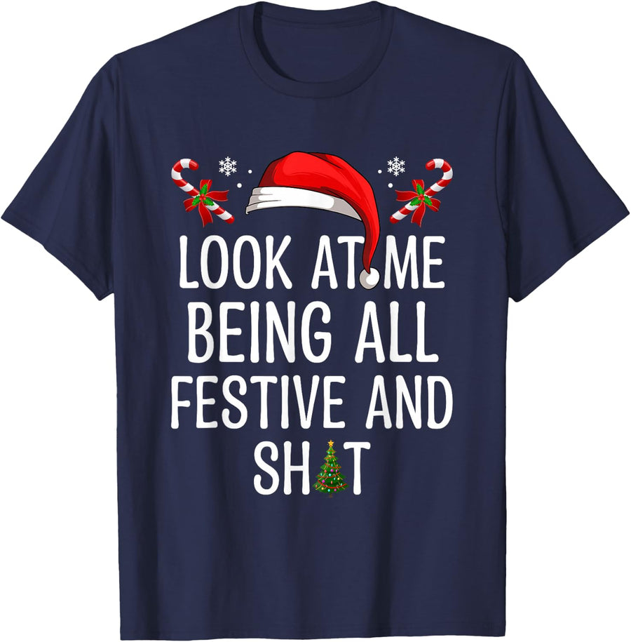 Look at Me Being All Festive and Shit Funny Christmas Tree T-Shirt - Navy Blue