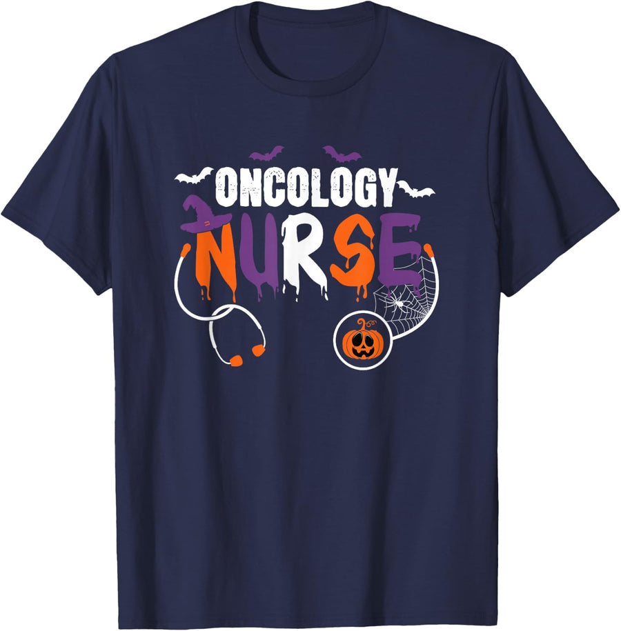 Oncology Nurse Halloween Stethoscope Pumpkin for Men Women T-Shirt - Navy Blue