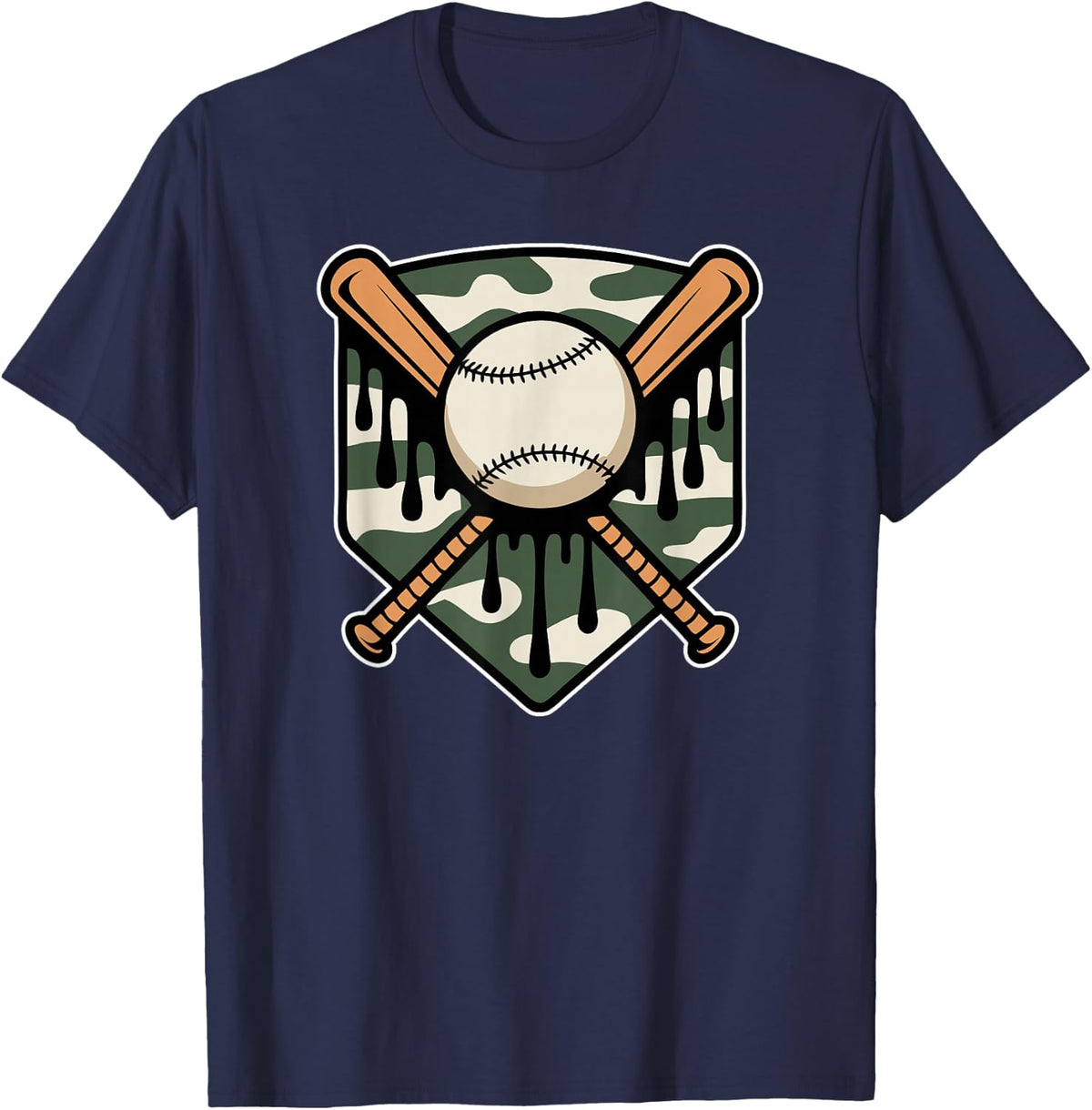 Baseball Drip Camo Home Plate Boys Sports Cool Drip T-Shirt - Navy Blue