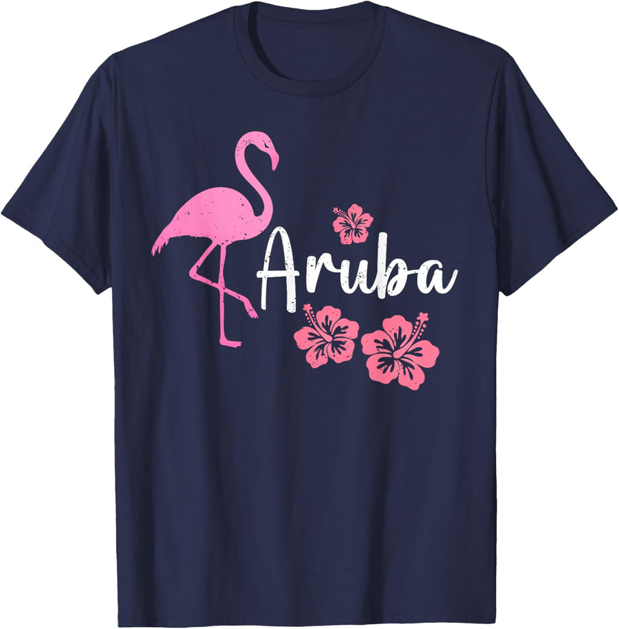 Aruba Island Flamingo and Flowers T-Shirt Tee Tropical Gifts Tees - Navy Blue