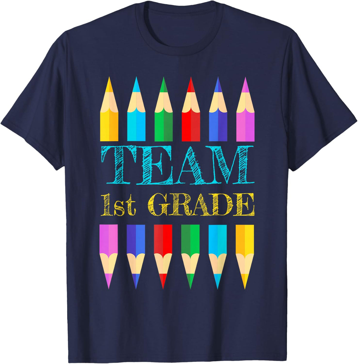 Team 1st Grade Back to School Shirt First Day Teacher Crayon T-Shirt - Navy Blue