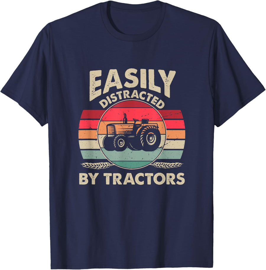 Easily Distracted By Tractors Funny Farming Quote T-Shirt Tee for Farmers - Navy Blue