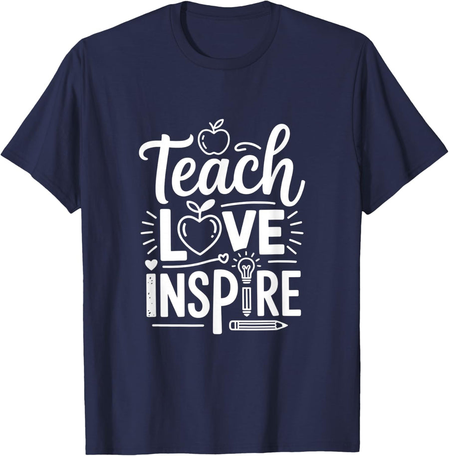 Teacher Shirts Teach Love Inspire Retro Back to School Tees T-Shirt - Navy Blue