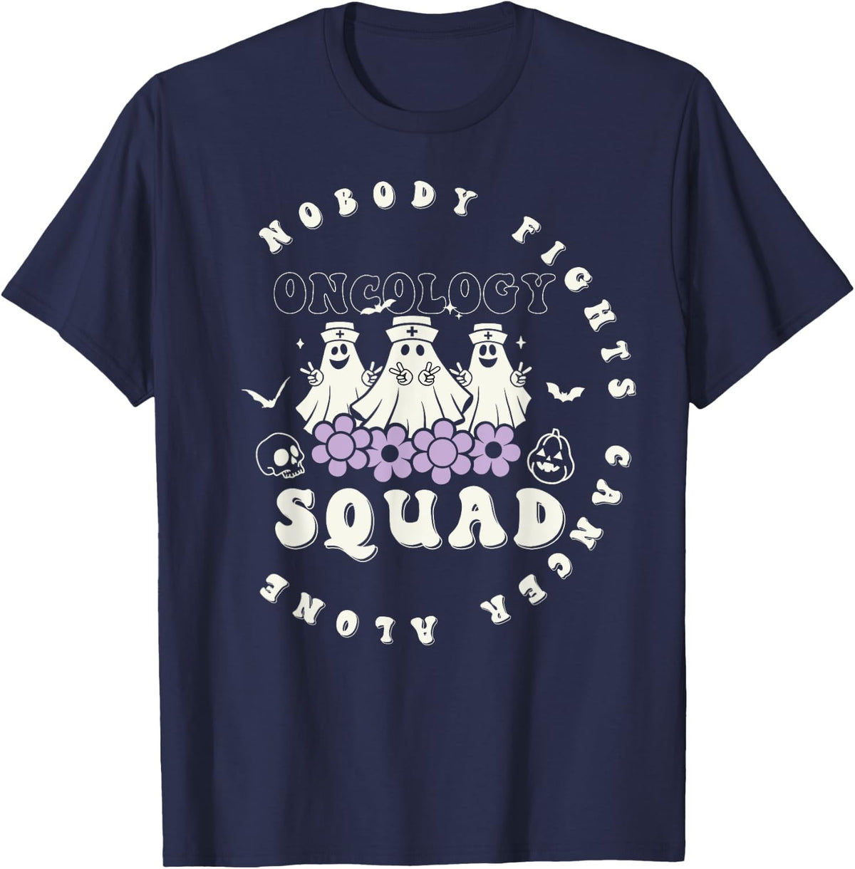 Halloween Oncology Nurse Squad Retro Tee Pediatric Oncology T-Shirt - Navy Blue