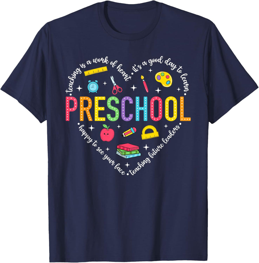 Preschool Teacher Pre-K Heart First Day of Preschool Kids T-Shirt - Navy Blue