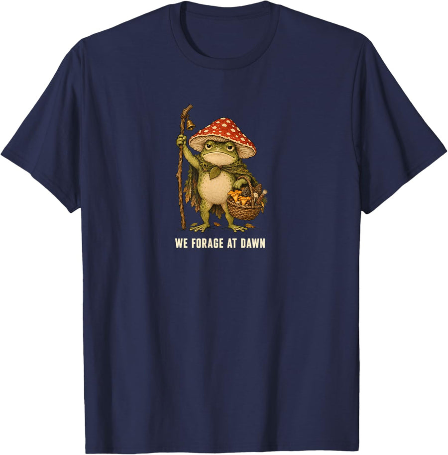 Mushroom Foraging Funny Frog Cottagecore Fungi Morel T-Shirt - Navy Blue