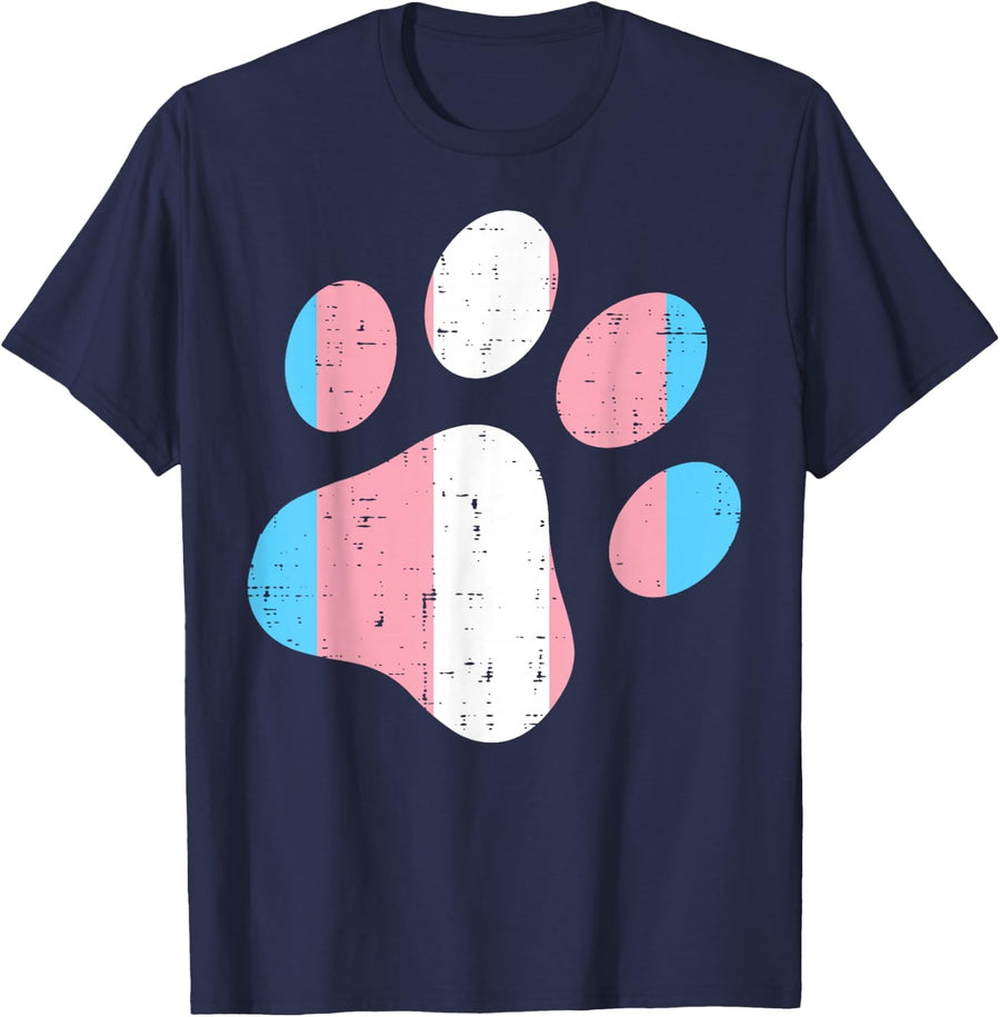 Transgender Paw Print Trans Pride Flag Transsexual Dog Cat T-Shirt - Navy Blue