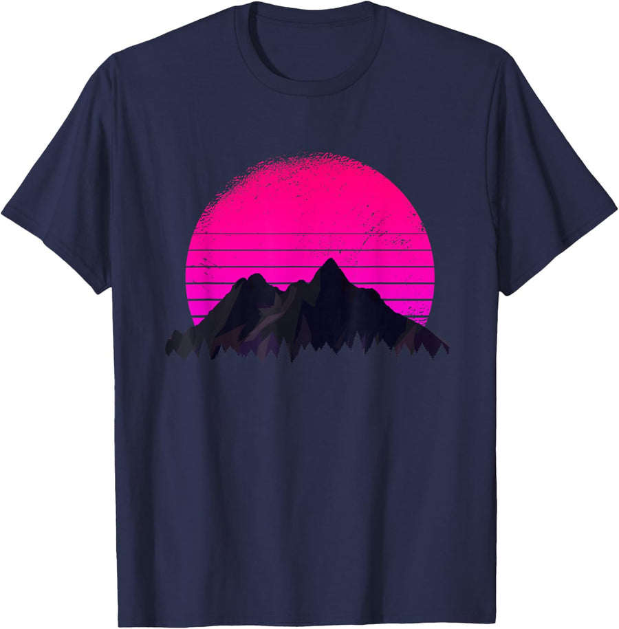 Vaporwave Mountain Retro Visual Style Art T-Shirt 80s Aesthetic Tee - Navy Blue