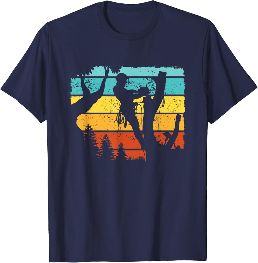 Arborist Forest Chainsaw Vintage Sunset T-Shirt - Navy Blue