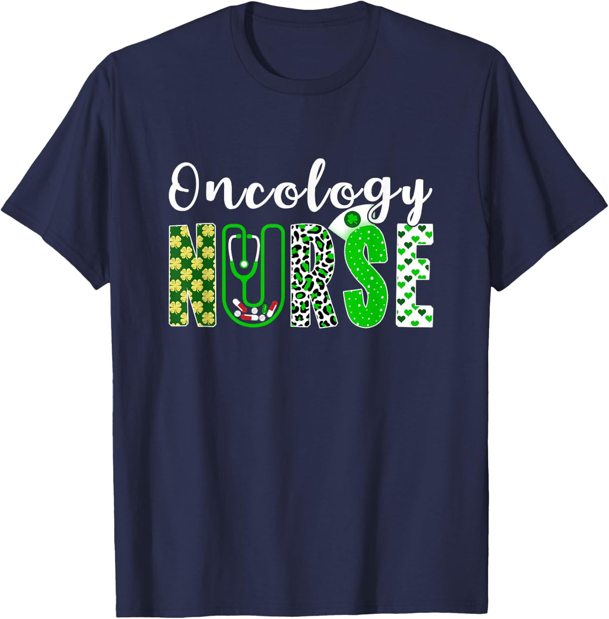 Oncology Nurse Stethoscope Shamrock Leopard St Patricks Day T-Shirt - Navy Blue