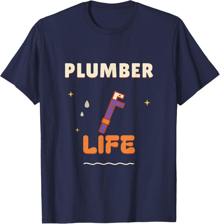 Plumber Life Funny Retro Pipe Wrench Trade Gift T-Shirt - Navy Blue