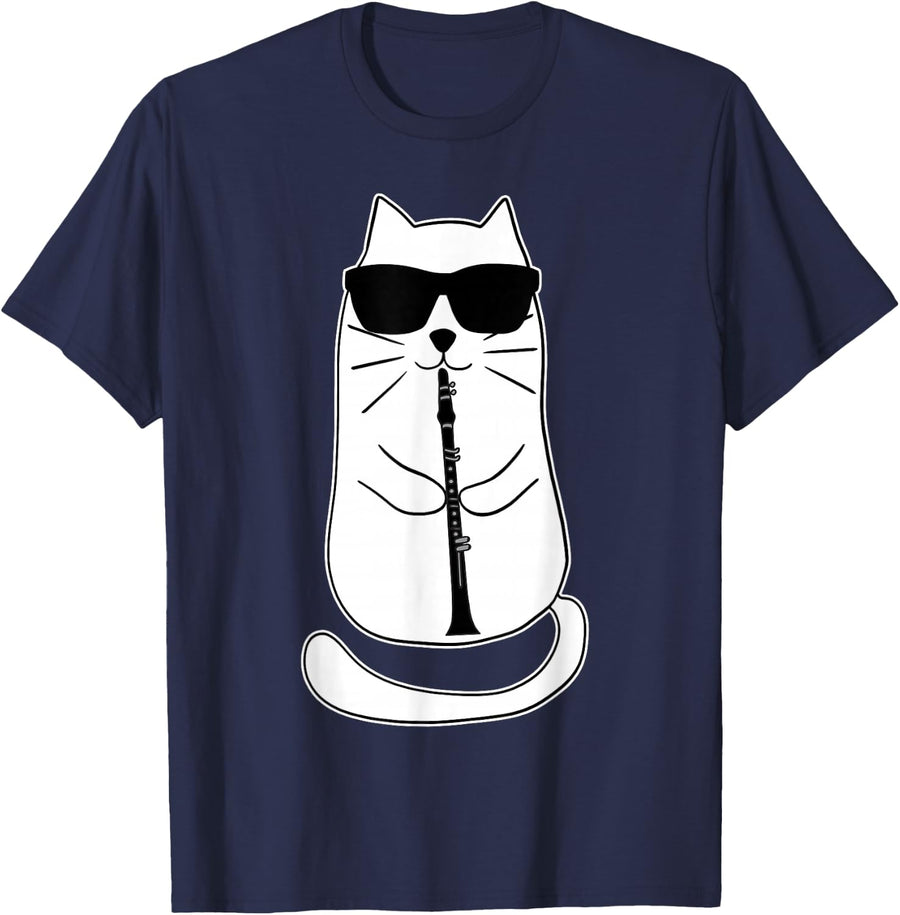Funny Clarinet Cat With Sunglasses Musician Retro Vintage Men Women T-Shirt - Navy Blue