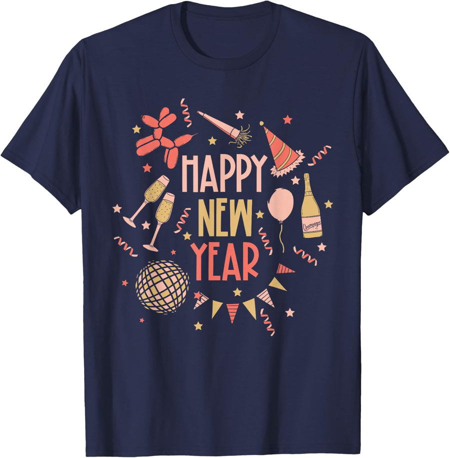 Happy New Year NYE Party 2024 Funny New Years Eve Confetti T-Shirt - Navy Blue