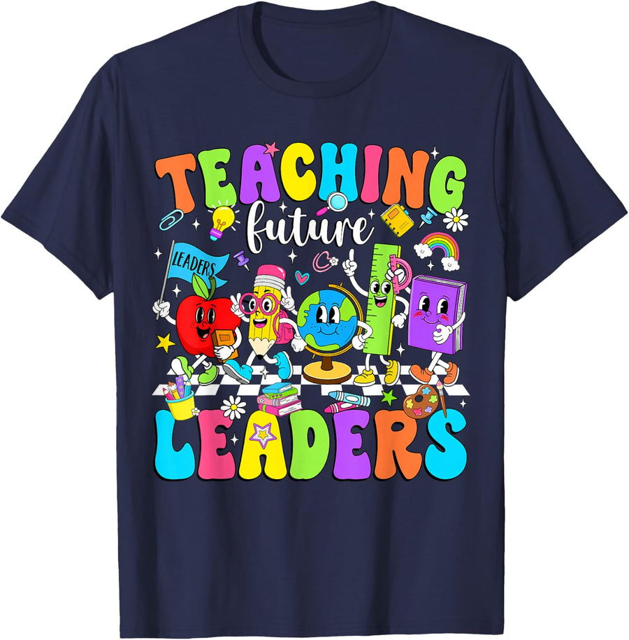 Retro Teaching Future Leaders Groovy Teacher Back to School T-Shirt - Navy Blue