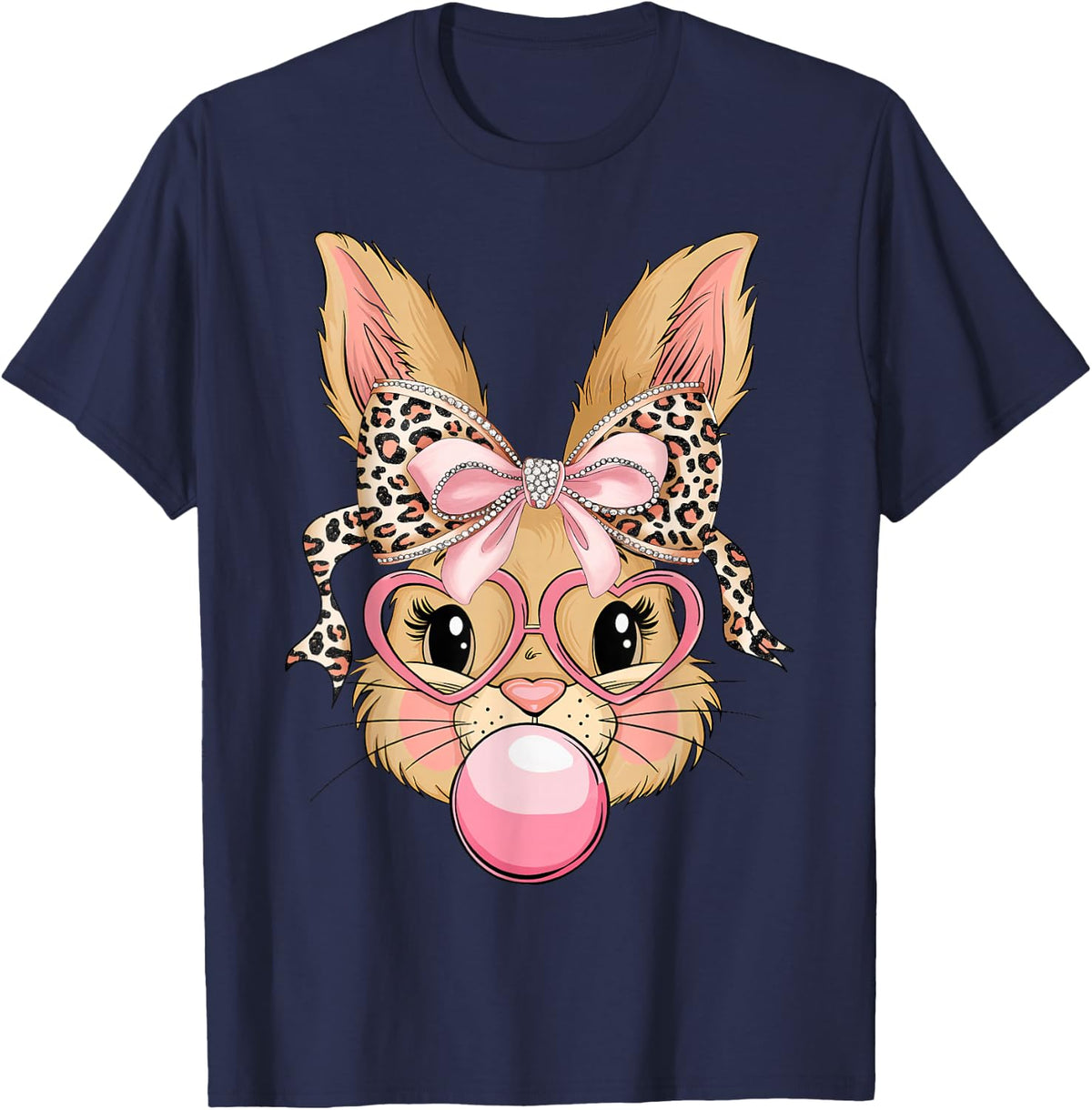 Funny T Shirts Cute Bunny Rabbit Face Leopard Glasses Happy Easter Day Tees for Women and Men - Navy Blue