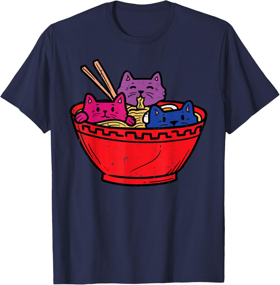 Cats in Ramen Anime Food LGBTQ Bisexual Flag Gay Pride Bi T-Shirt - Navy Blue