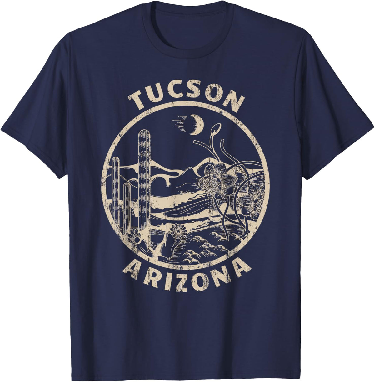 Tucson Arizona Linocut Distressed Desert Illustration T-Shirt - Navy Blue