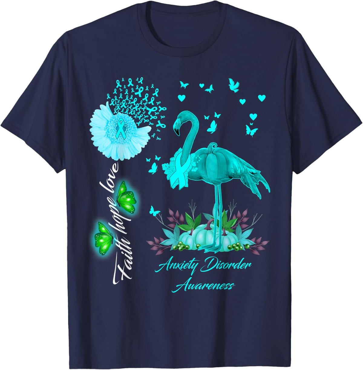 Flamingo Faith Hope Love Anxiety Disorder Awareness T-Shirt - Navy Blue