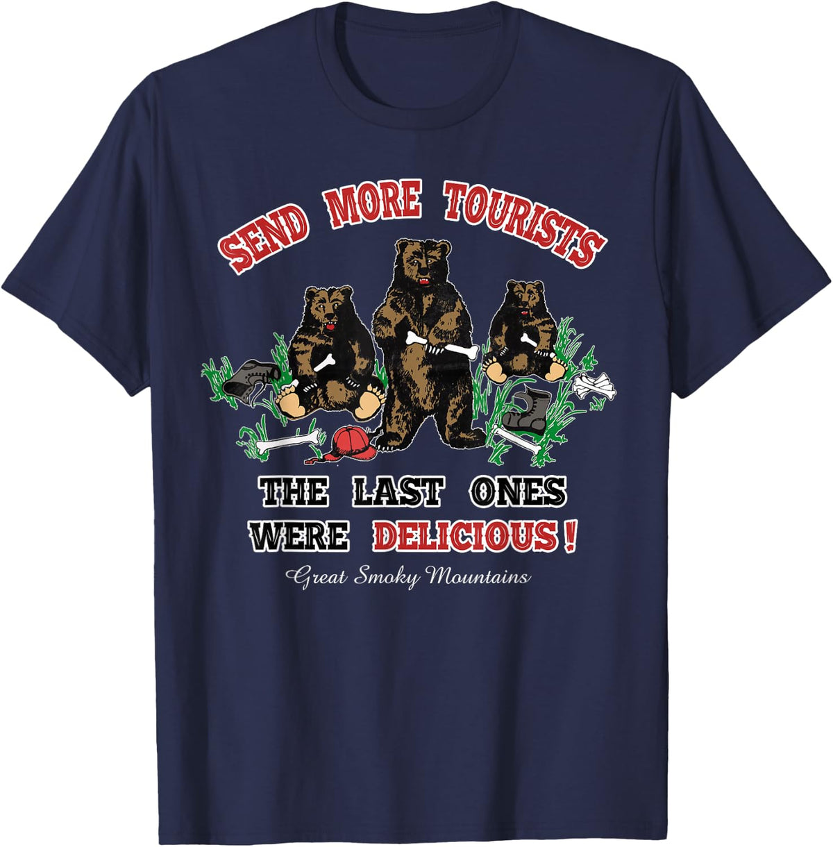 Funny Send More Tourists Great Smoky Mountain Bear Souvenir T-Shirt - Navy Blue