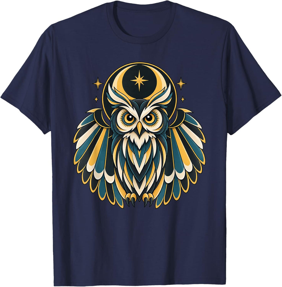 Art Deco Owl Halloween Crescent Moon Design T-Shirt - Navy Blue