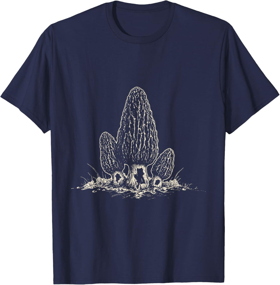 Antique Morel Etching Foraging Mushroom Hunting T-Shirt - Navy Blue