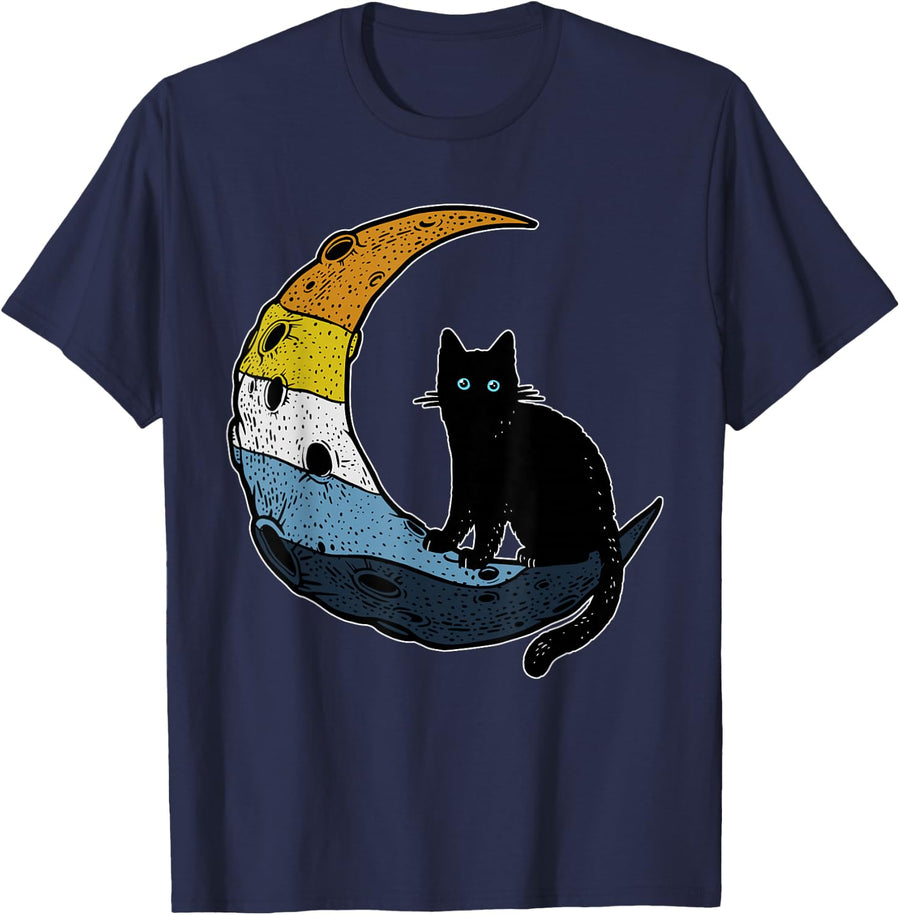 Aroace Sunset Pride Flag Moon Cat LGBT Gay Asexual Aromantic T-Shirt - Navy Blue