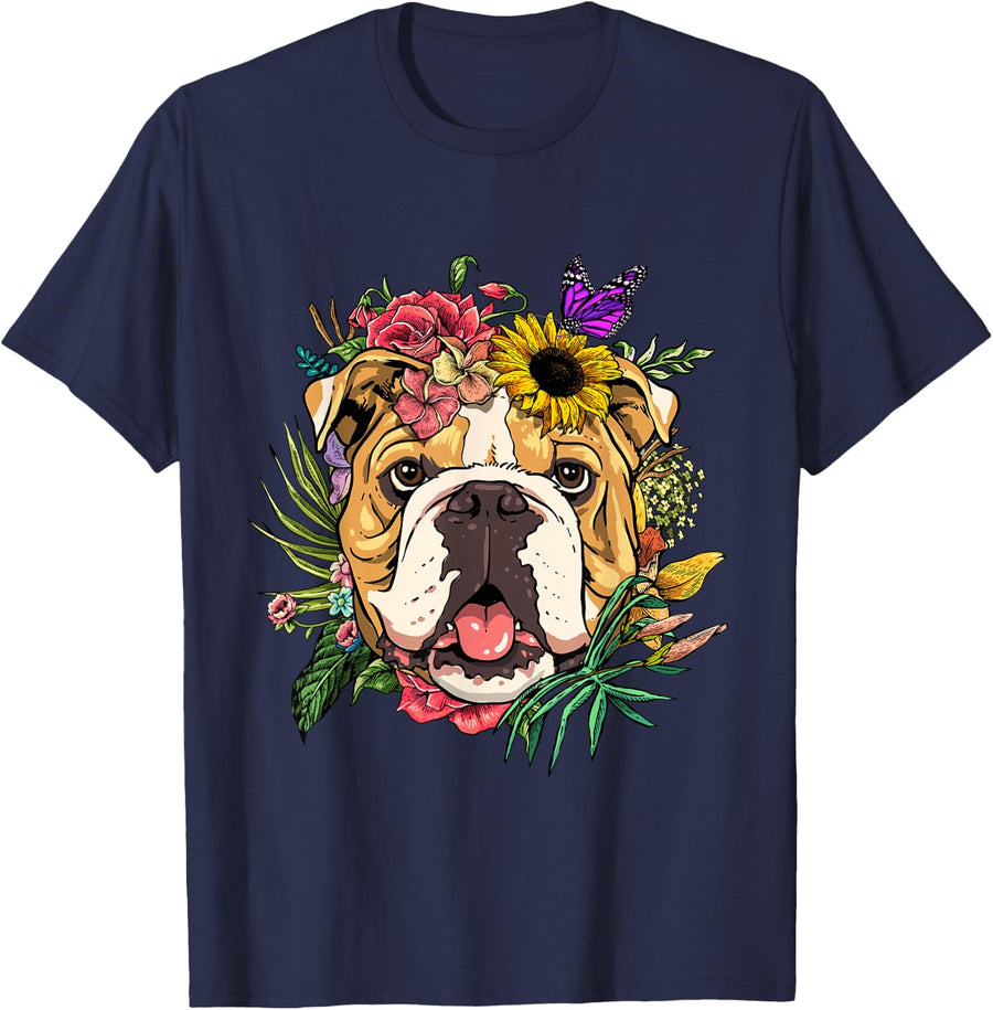 Floral American Bulldog Dog Spring Nature Dog Lovers T-Shirt - Navy Blue