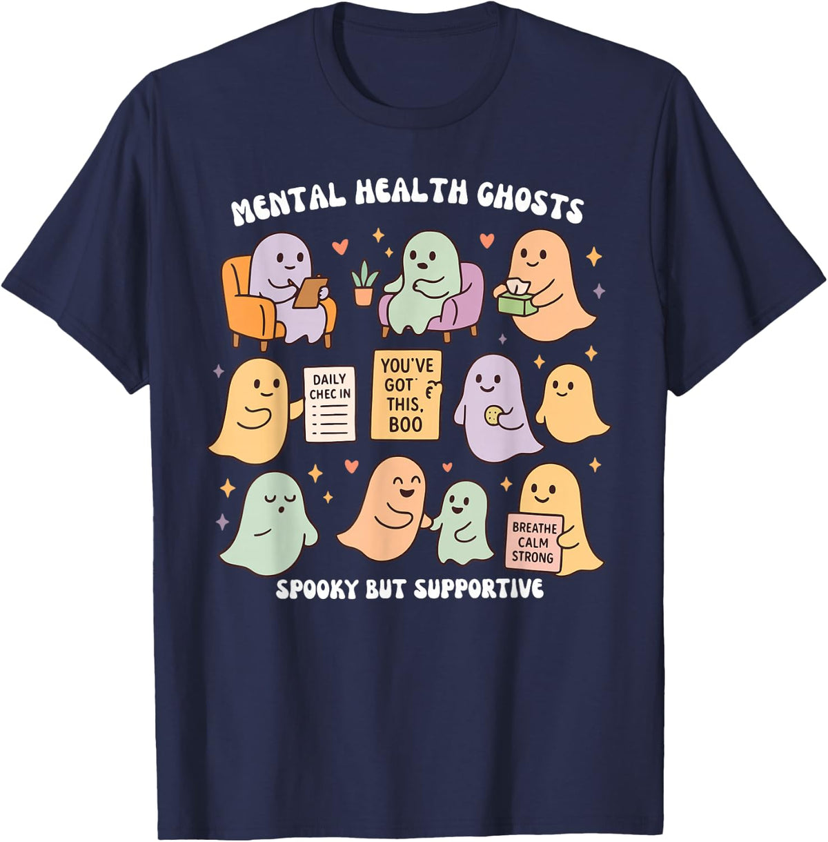 Mental Health Ghosts Spooky But Supportive Autism Halloween T-Shirt - Navy Blue
