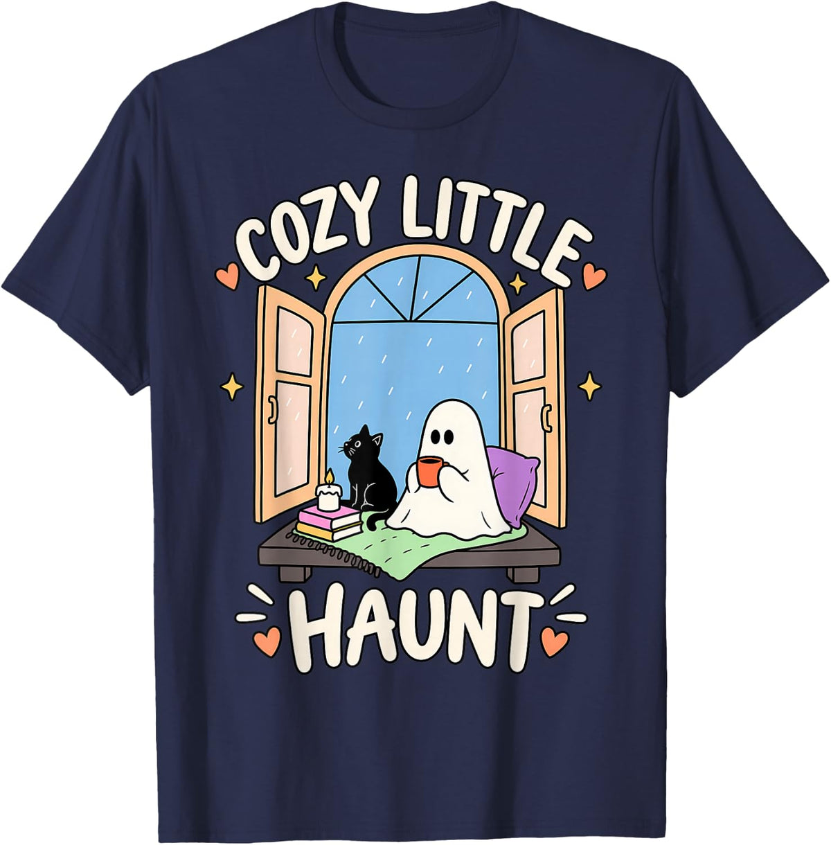 Cozy Little Haunt Ghost Cat Rainy Reading Halloween Quote T-Shirt - Navy Blue