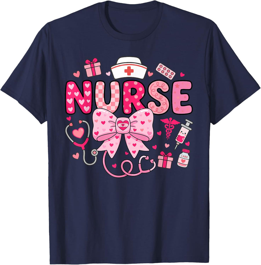 Nurse Heart Stethoscope Graphic Tees T Shirts for Nurses Week RN LPN CNA - Navy Blue