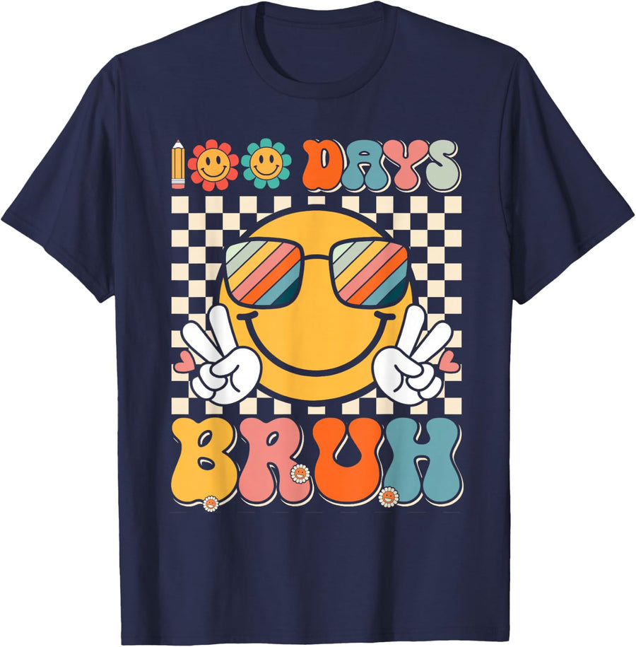 100th Day Of School Groovy Smile Face 100 Days Bruh T-Shirt - Navy Blue