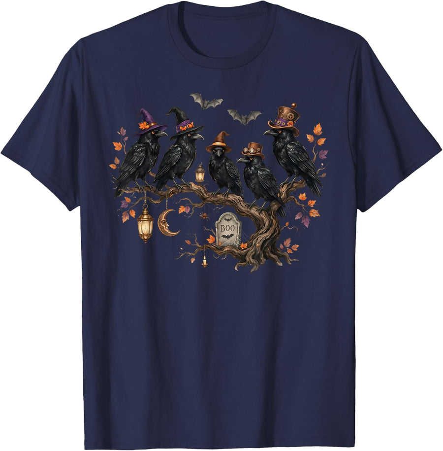 Black Crow Spooky Season Fall Gothic Halloween Raven Bird T-Shirt - Navy Blue