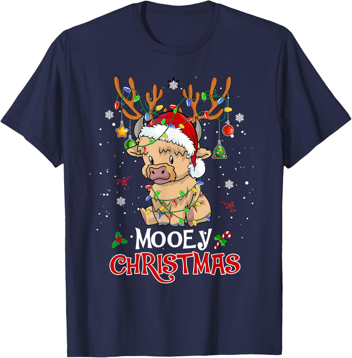 Mooey Christmas Highland Cow Xmas Light Santa Hat T-Shirt - Navy Blue