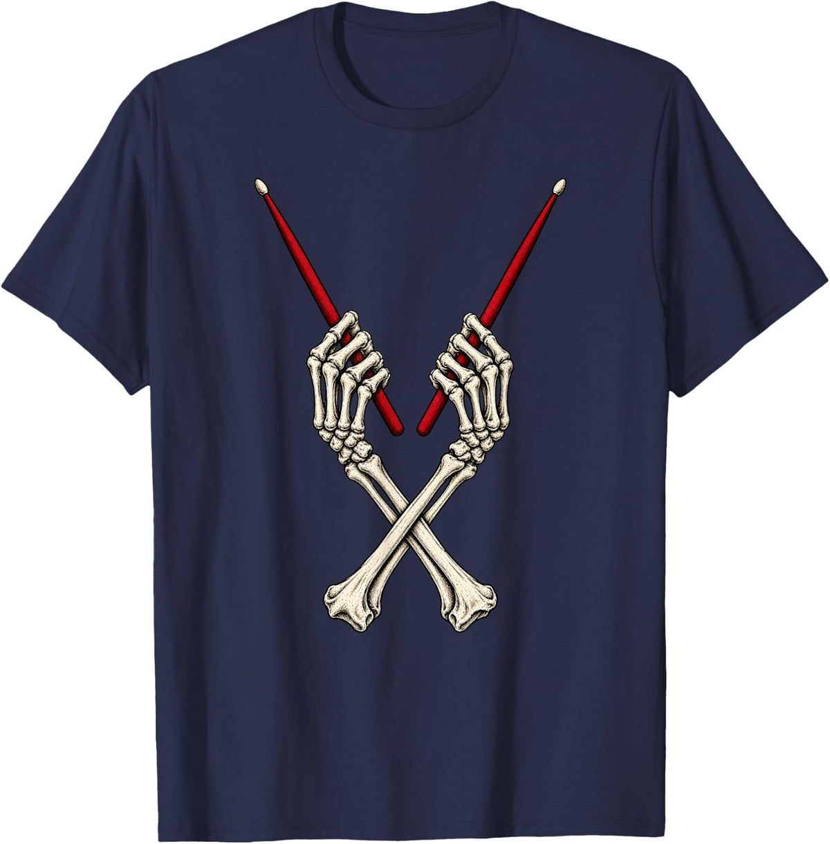 Skeleton Drummer Crossed Bones Drumsticks T-Shirt - Navy Blue