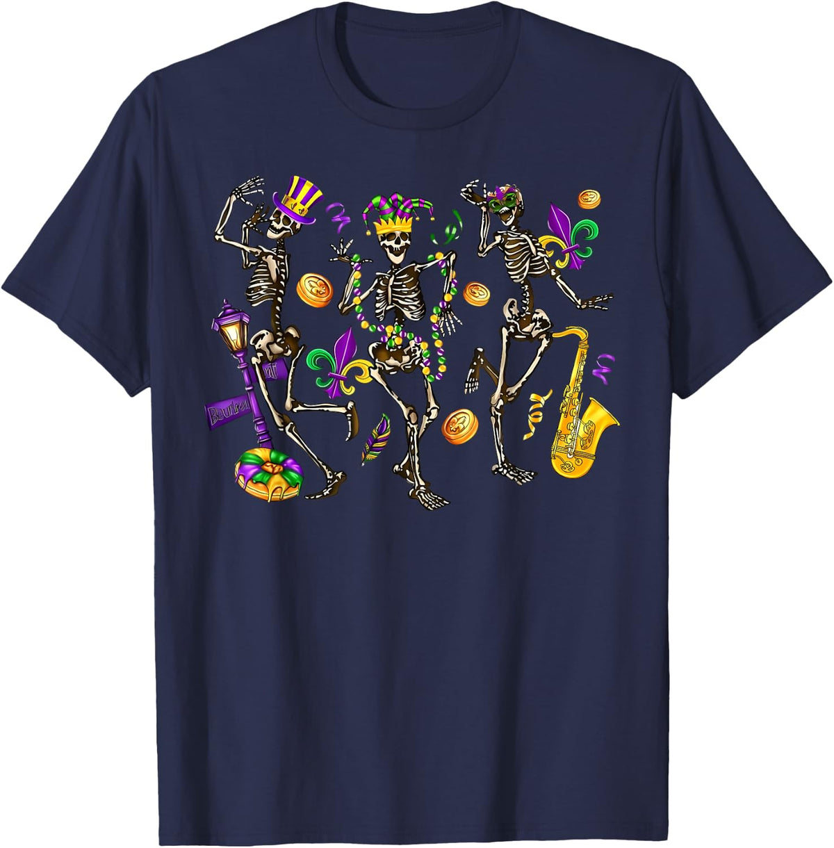 Dancing Skeleton Mardi Gras Carnaval Fat Tuesday Louisiana T-Shirt - Navy Blue