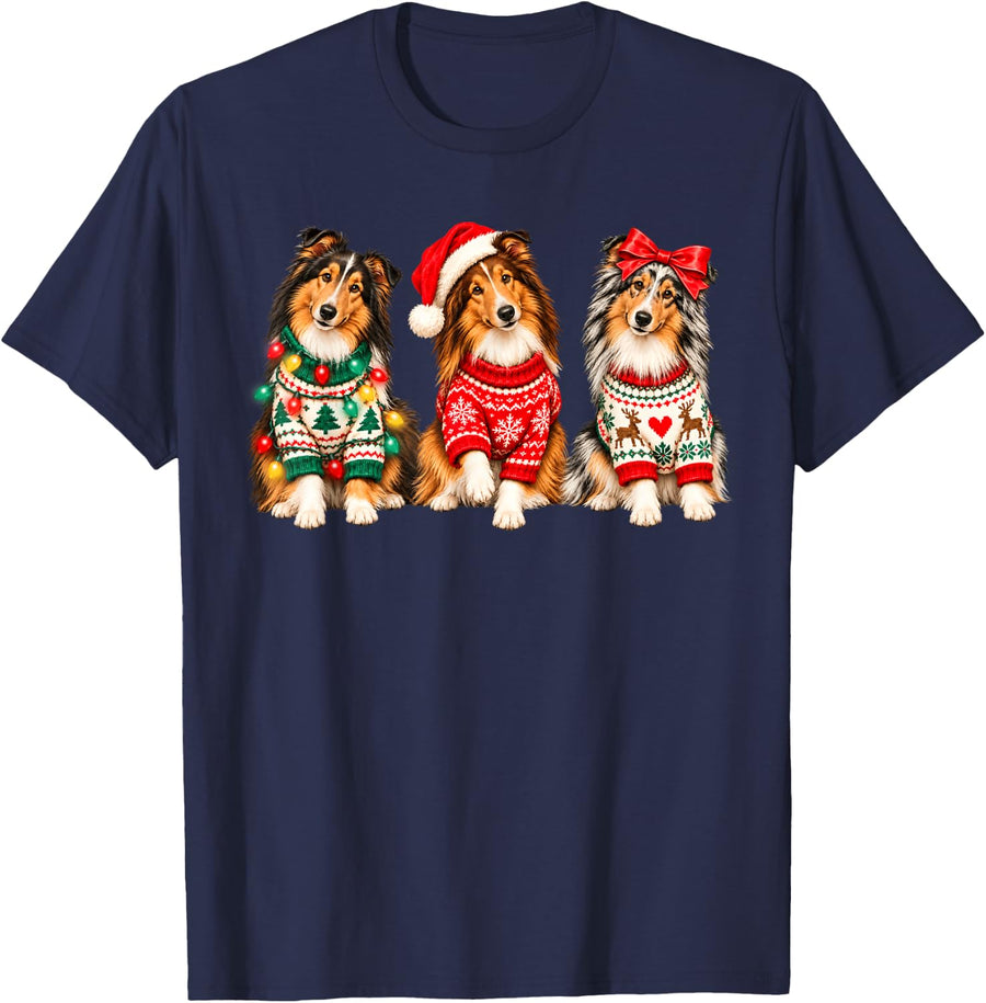 Christmas Rough Collie Dog Xmas Tree Lights Kids Boys Girls T-Shirt - Navy Blue