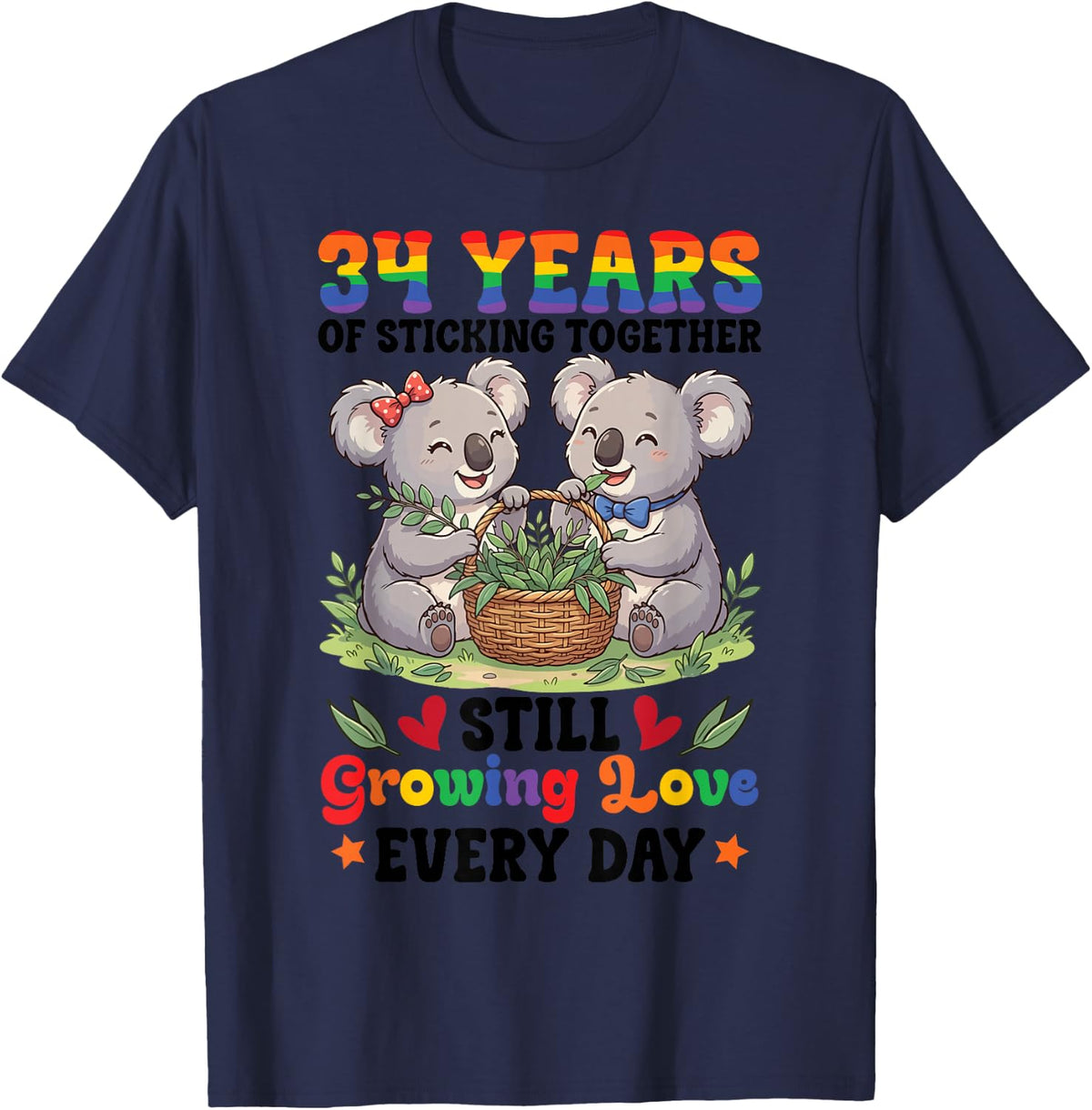 34 Years of Sticking Together Cute Koalas 34th Anniversary T-Shirt - Navy Blue