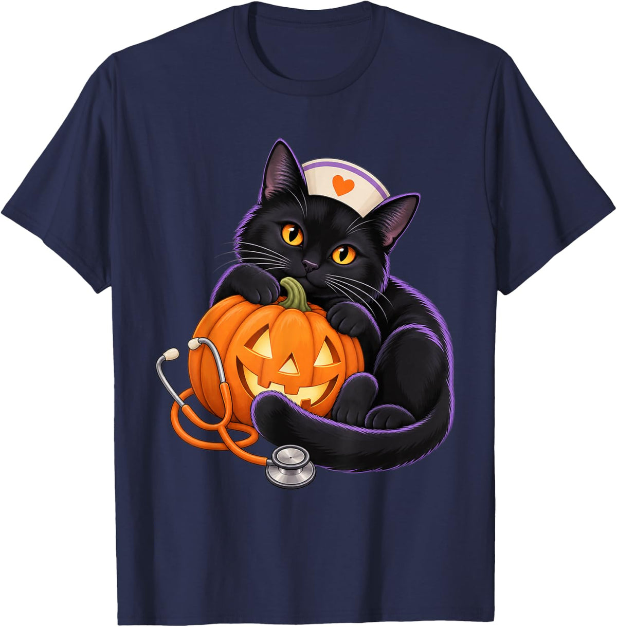 Halloween Nurse Cat Nursing Pumpkin Women Men T-Shirt - Navy Blue