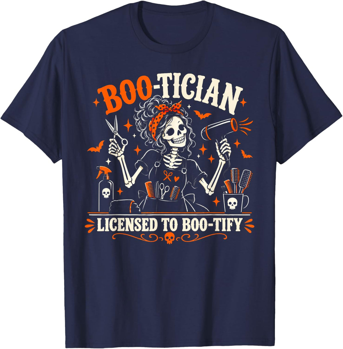Bootician Hair Stylist Skeleton Hairstylist Halloween T-Shirt - Navy Blue