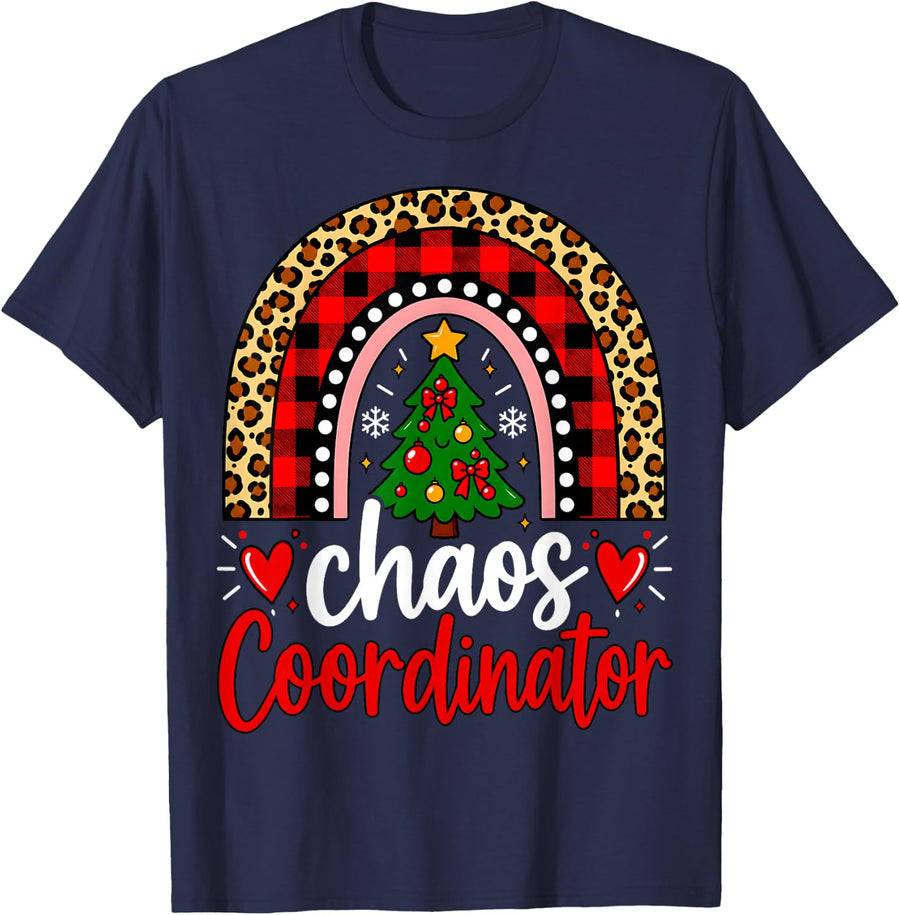 Chaos Coordinator Christmas Tree Rainbow Bow Xmas T-Shirt - Navy Blue