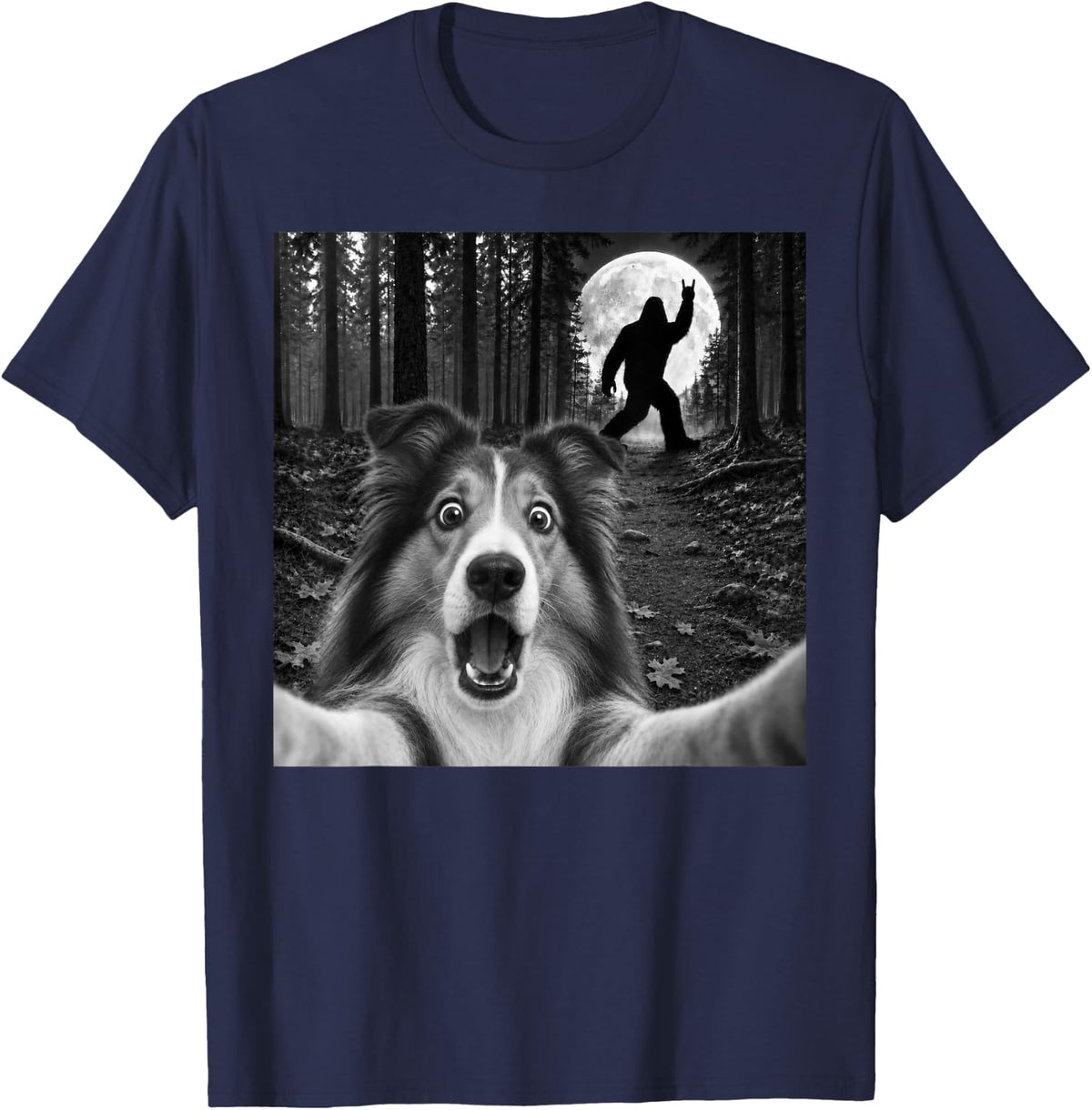 Rough Collie Selfie with Bigfoot Rock and Roll Dog Sasquatch T-Shirt - Navy Blue