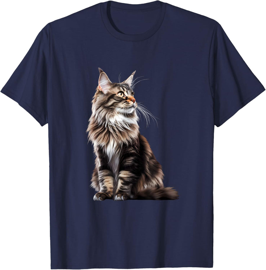 Maine Coon Portrait Tees for Cat Lovers T-Shirts Men Women Cute Cat Shirt - Navy Blue