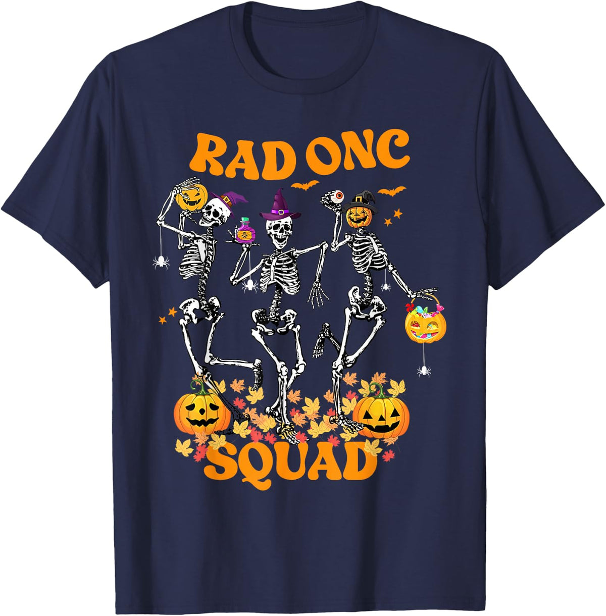 Rad Onc Squad Skeleton Pumpkin Radiology Oncology Halloween T-Shirt - Navy Blue